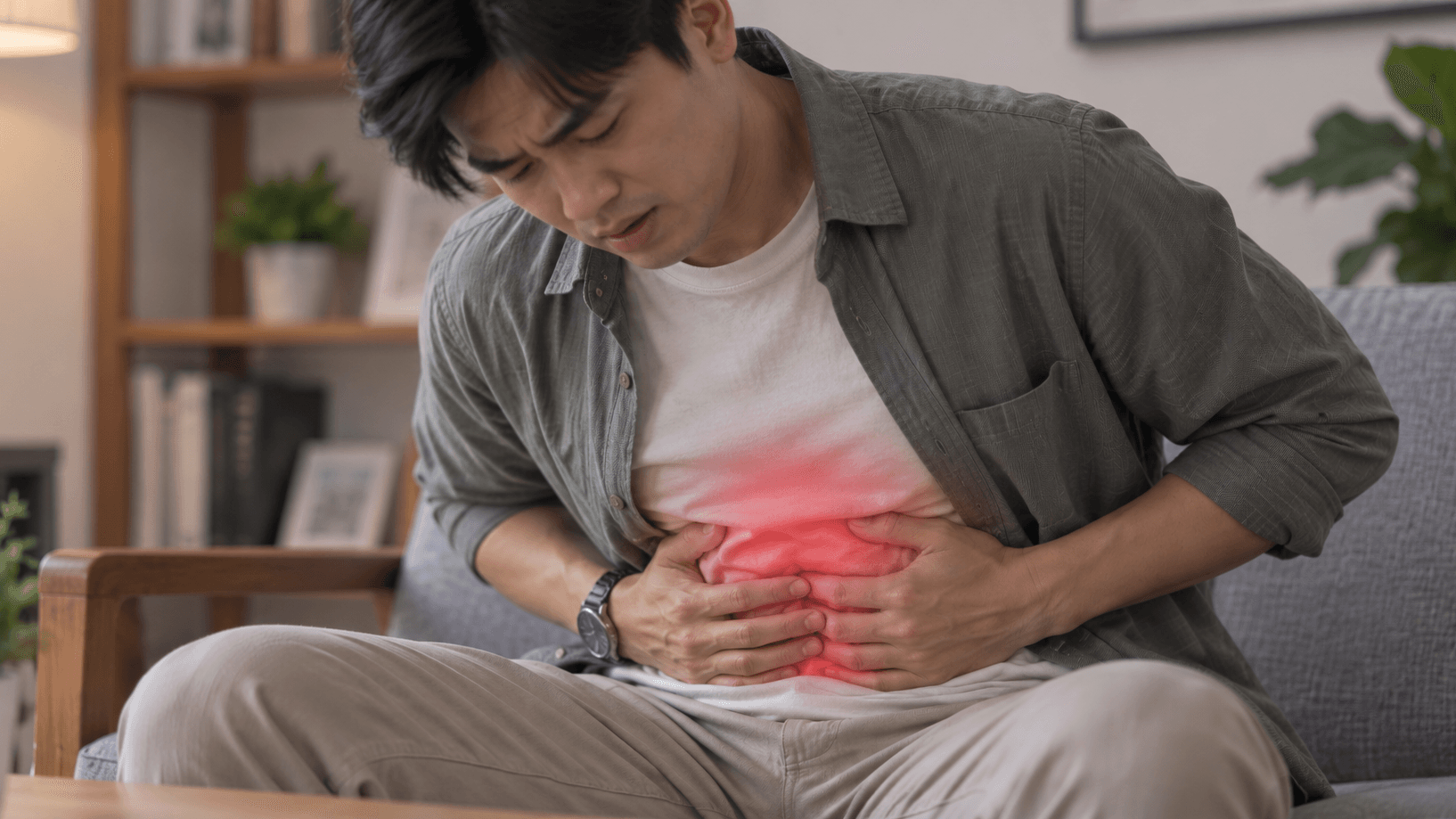 A man sitting on a sofa leaning forward with both hands pressed to his upper abdomen, a red glow marking the area