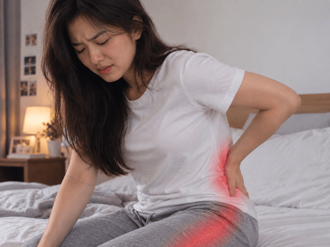 A woman sitting on the edge of a bed with one hand pressed to her lower back, a red glow tracing down the back of her leg