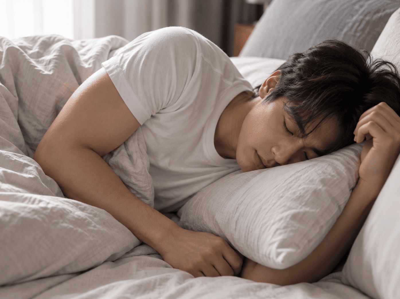 A man asleep in bed on his side, curled against a pillow