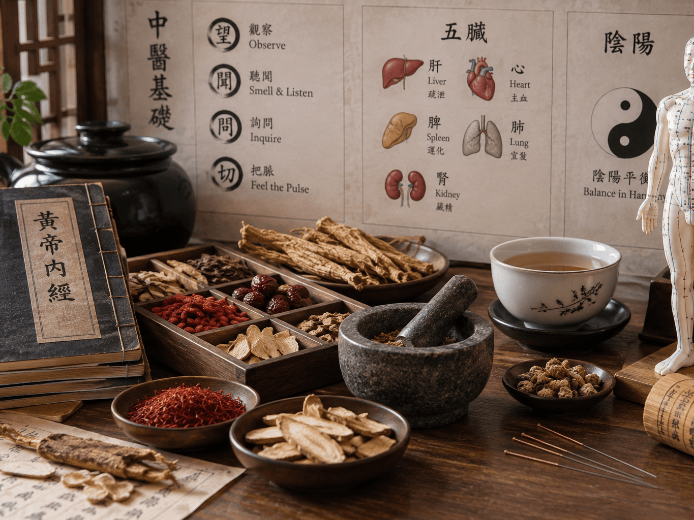 A wooden table of dried Chinese herbs in compartment trays, a stone mortar and pestle, a cup of tea and an acupuncture model, with TCM diagnosis charts on the wall behind