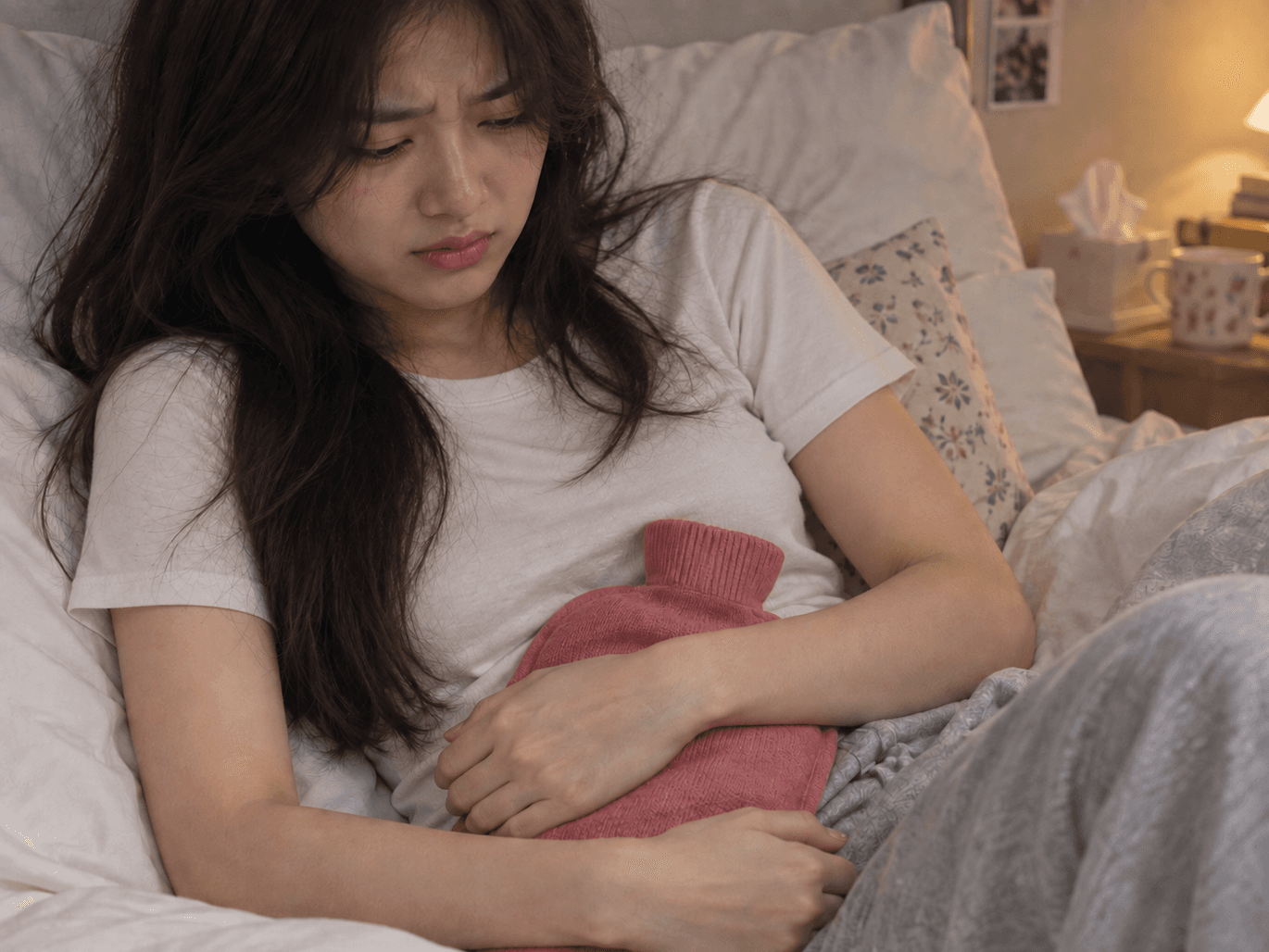A young woman resting on her side in bed, holding a pink hot water bottle against her lower abdomen
