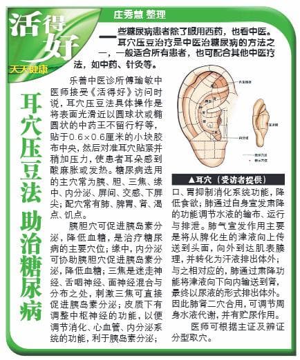 Huo De Hao newspaper clipping: 耳穴压豆法 助治糖尿病